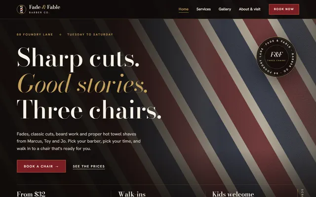 Homepage of Fade & Fable Barber Co., the Business example site