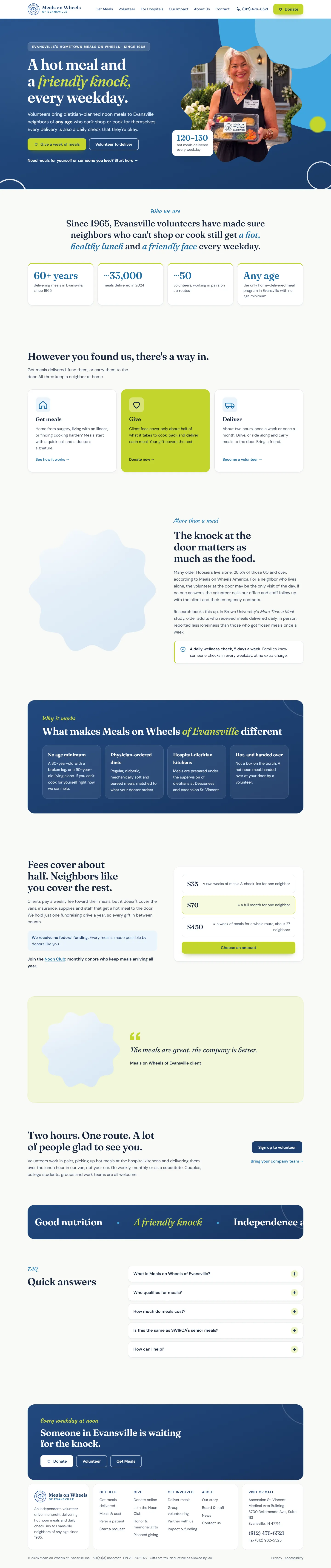 The full new homepage, top to bottom: hero, who we are with key numbers, three ways in (get meals, give, deliver), why the daily check-in matters, what makes the program different, a donation chooser, a client quote, and a volunteer call to action.