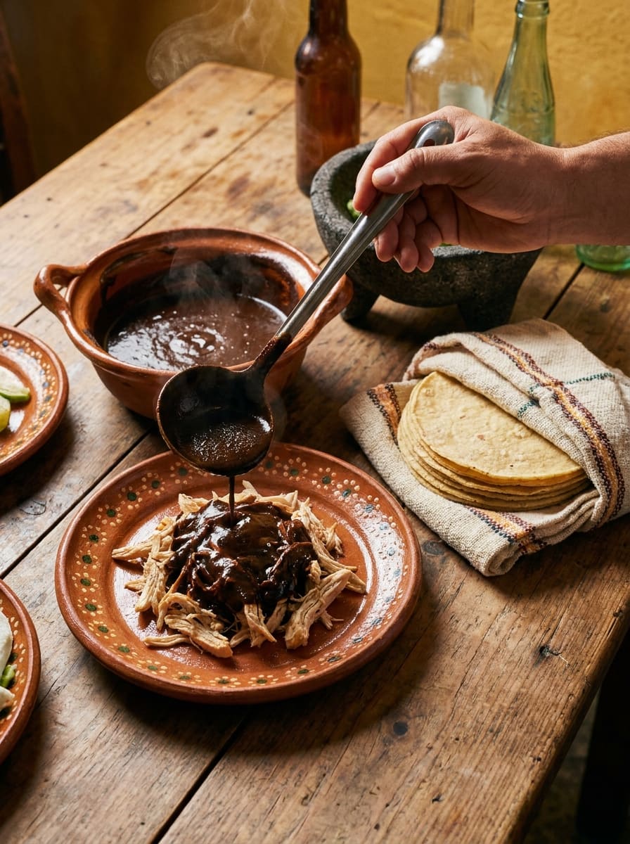 A plate of mole negro with a stack of fresh tortillas on the family table